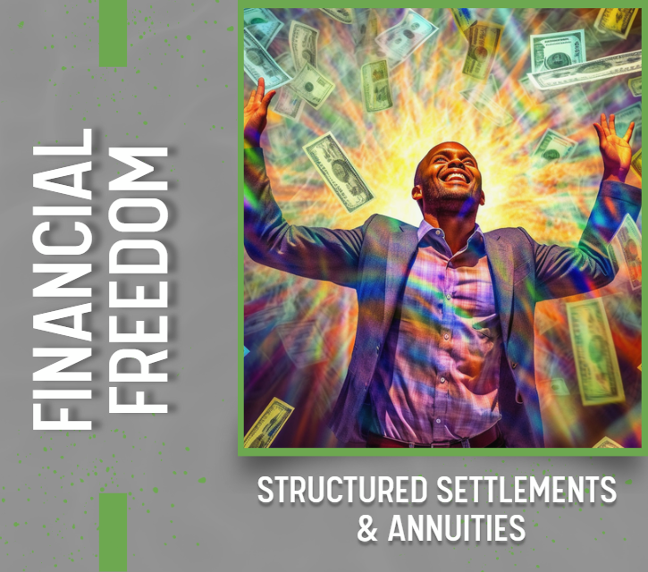 A joyful man with open arms stands under a shower of $100 bills, symbolizing financial freedom. The words "Financial Freedom Structured Settlement and Annuities" are prominently displayed. The high-resolution, HDR image features vivid colors, volumetric lighting, and photorealistic details, evoking a sense of triumph and liberation.