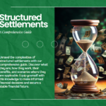 an hourglass shaped glass separating the money falling, in the style of steve henderson, spectacular backdrops, happenings, accurate and detailed, sabattier effect, precisionist, solapunk. Text on image says: Structured Settlements A Comprehensive Guide: Unravel the complexities of structured settlements with our comprehensive guide. Discover what they are, how they work, their benefits, and scenarios where they are applicable. Equip yourself with this knowledge to make informed financial decisions and secure a stable financial future.