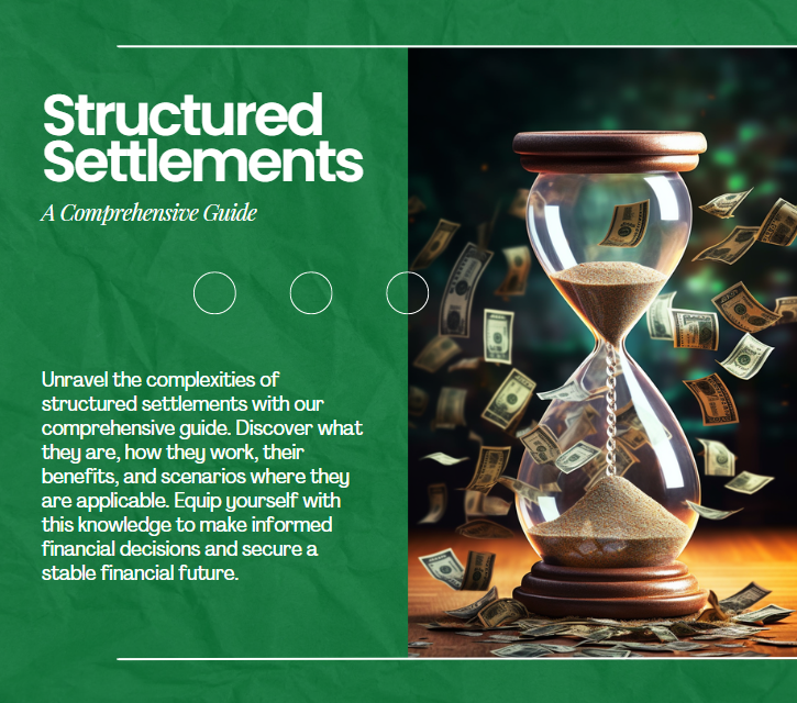 an hourglass shaped glass separating the money falling, in the style of steve henderson, spectacular backdrops, happenings, accurate and detailed, sabattier effect, precisionist, solapunk. Text on image says: Structured Settlements A Comprehensive Guide: Unravel the complexities of structured settlements with our comprehensive guide. Discover what they are, how they work, their benefits, and scenarios where they are applicable. Equip yourself with this knowledge to make informed financial decisions and secure a stable financial future.