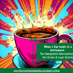 When a Sip Leads to a Settlement: The Unexpected Intersection of Hot Drinks & Legal Battles, in the style of pop art flat colors, Leticia, superimposed text, intertwining materials, tenebrism mastery, implied narratives, whiplash curves