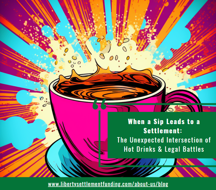 When a Sip Leads to a Settlement: The Unexpected Intersection of Hot Drinks & Legal Battles, in the style of pop art flat colors, Leticia, superimposed text, intertwining materials, tenebrism mastery, implied narratives, whiplash curves